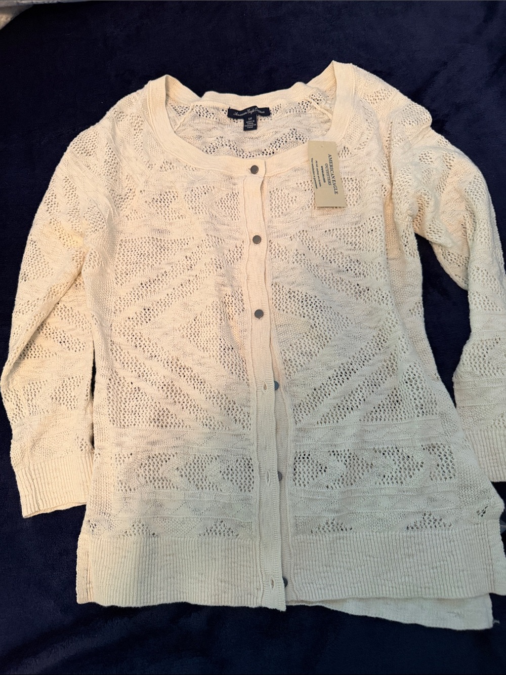 American Eagle Outfitters Ivory Open-Knit Button Cardigan